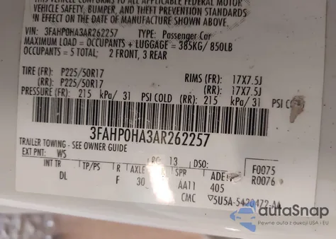 2010 Ford Fusion Se из США, поврежденный, VIN 3FAHP0HA3AR262257